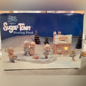 Precious Moments Sugar Town Skating Pond Set with Pastel Figures